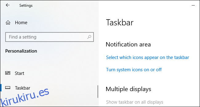 Opciones del área de notificación en la pantalla de configuración de la barra de tareas de Windows 10.