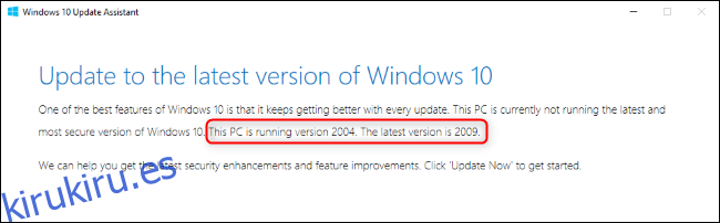 El Asistente de actualización de Windows muestra los números de versión.