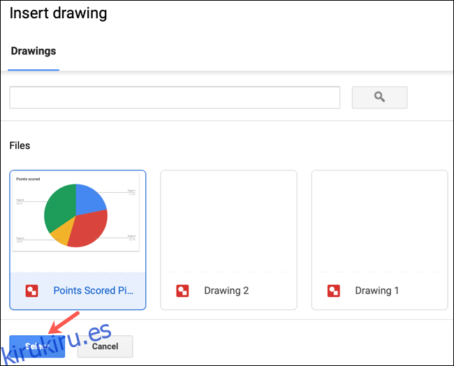 Seleccione un dibujo y haga clic en Insertar en Google Docs