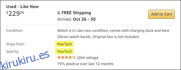 Una lista de un reloj inteligente usado en Amazon de MaxTech.