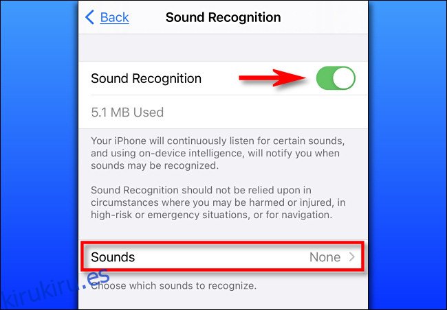 En Configuración en iPhone, active Reconocimiento de sonido.