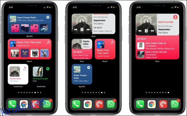 Widgets de música en tres iPhones.