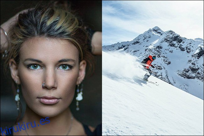 Un retrato de una mujer a la izquierda y un hombre esquiando por una montaña a la derecha. 