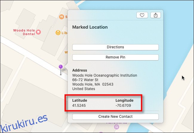 En la ventana de información de ubicación marcada en Apple Maps en Mac, verá la latitud y la longitud.