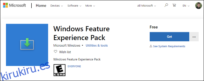 Paquete de experiencia de características de Windows en Microsoft Store