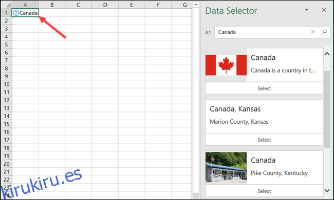 Canadá en la geografía de Excel 