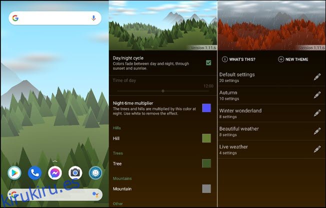 Tres fondos de pantalla de paisajes forestales en teléfonos inteligentes en la aplicación Forest Live Wallpaper.