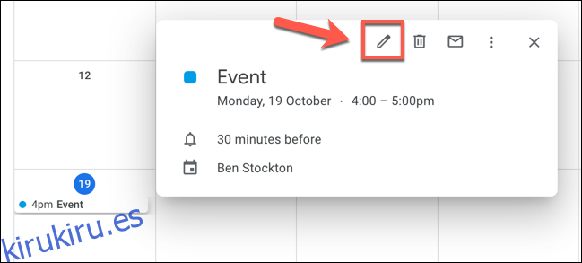 Haga clic en un evento en Google Calendar, luego haga clic en el 