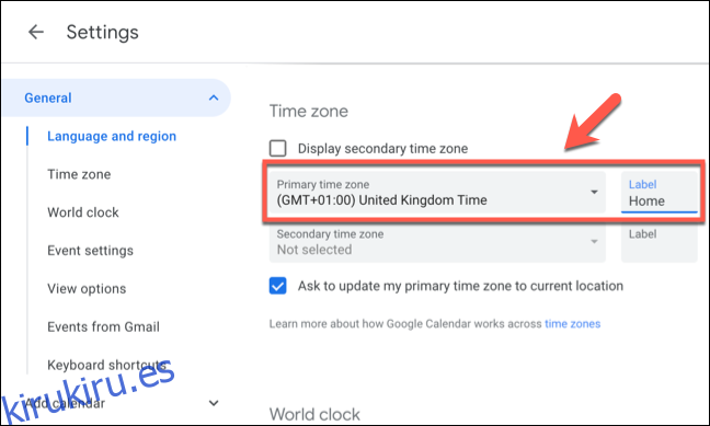 Seleccione la zona horaria principal para Google Calendar en el 