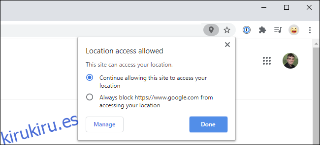 Ventana emergente de Google Chrome que muestra el acceso a la ubicación permitido en un sitio web.