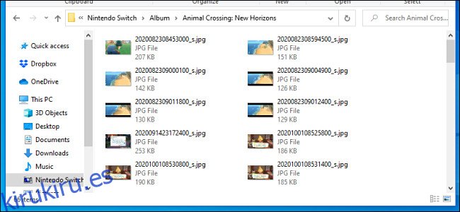 Una lista de capturas de pantalla e imágenes de video de Nintendo Switch como se ve en una PC con Windows a través de un cable USB.