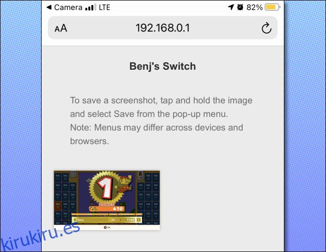 Un ejemplo del intercambio inalámbrico de Switch a la página web de un dispositivo inteligente.