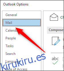 Pestaña Correo en la ventana Opciones de Outlook