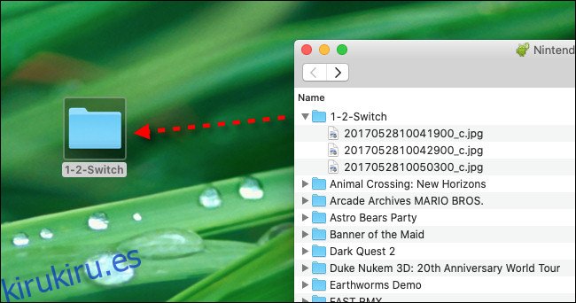 Arrastra y suelta los archivos de captura de pantalla de Nintendo Switch desde Android File Transfer al escritorio de tu Mac.