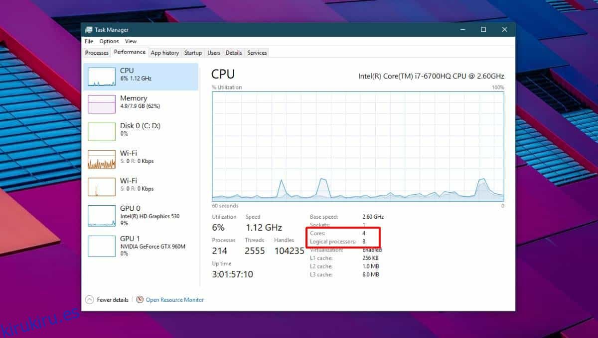 Cómo verificar el recuento de núcleos de CPU en una PC con Windows 10