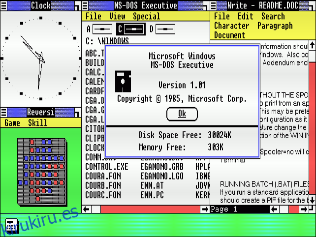El escritorio de Windows 1.0 con muchas aplicaciones en mosaico abiertas.