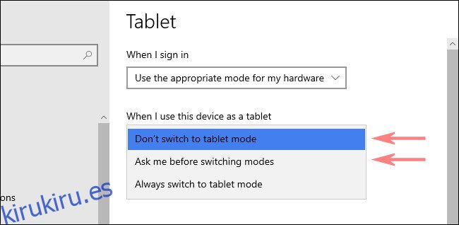 En Configuración de la tableta de Windows 10, elija una opción del menú desplegable.