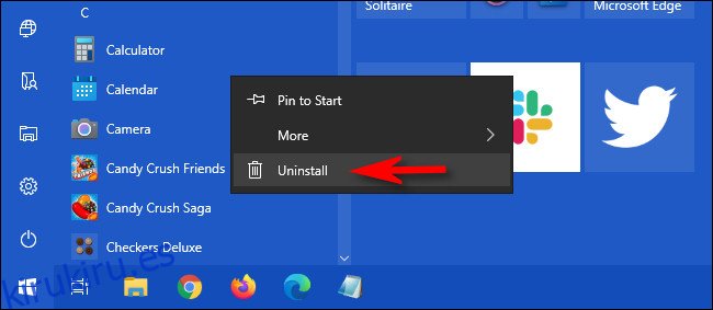 En el menú Inicio de Windows 10, haga clic con el botón derecho en la aplicación y seleccione 