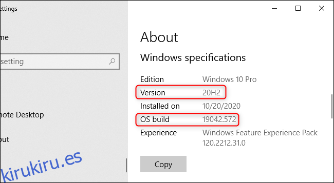 El número de versión de Windows en la aplicación Configuración
