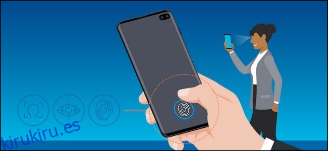 Un dibujo de una mujer que usa el reconocimiento biométrico de Samsung en la parte posterior de un teléfono inteligente.