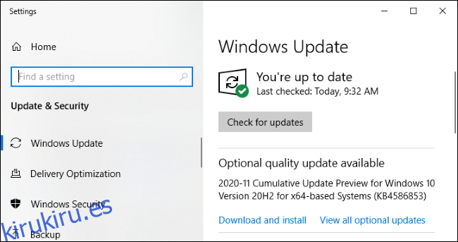 Actualización de Windows que muestra un 
