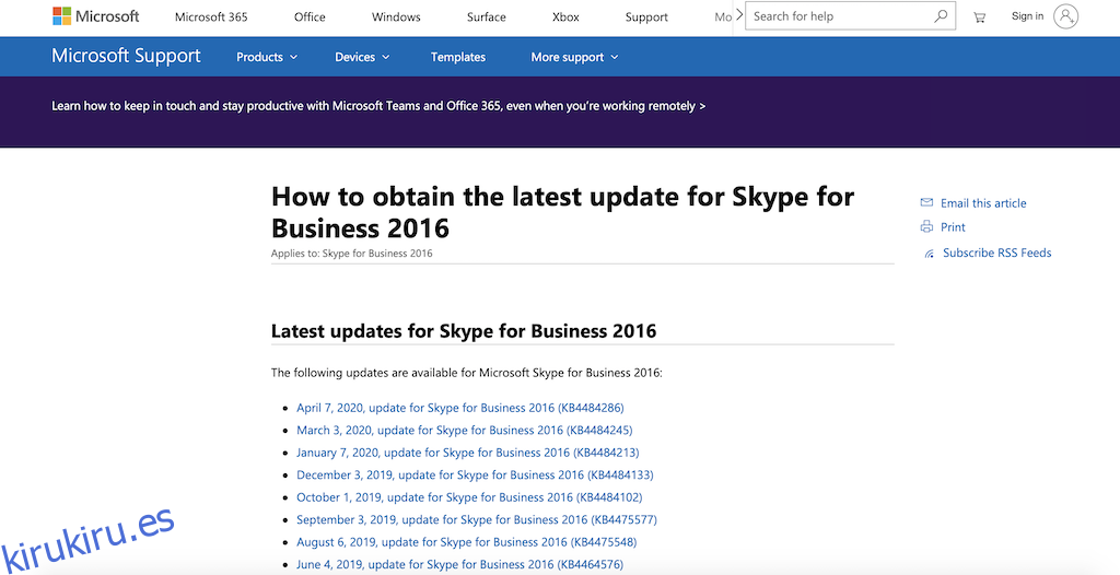 Página de actualización de Skype Empresarial