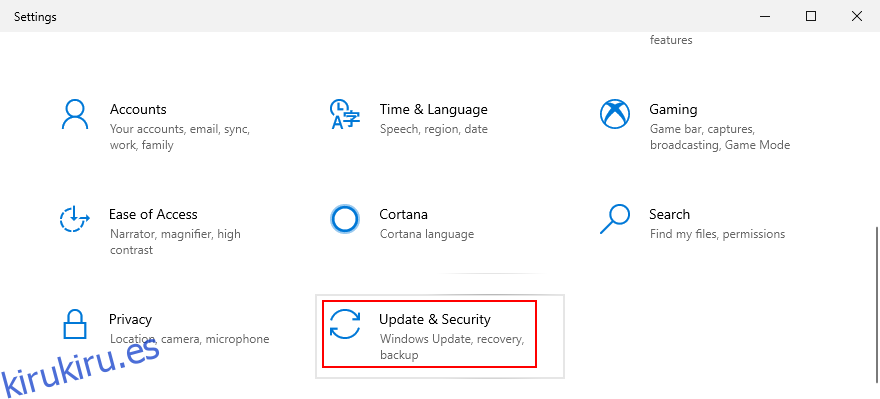 Windows 10 muestra cómo acceder a la configuración de actualización y seguridad