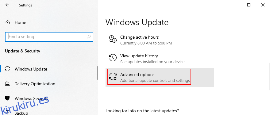 Windows 10 muestra cómo acceder a las opciones avanzadas de Windows Update