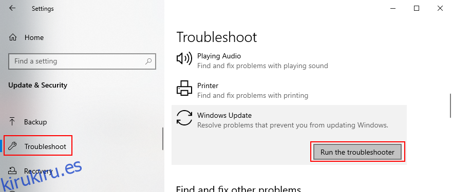 Windows 10 muestra cómo ejecutar el solucionador de problemas de Windows Update