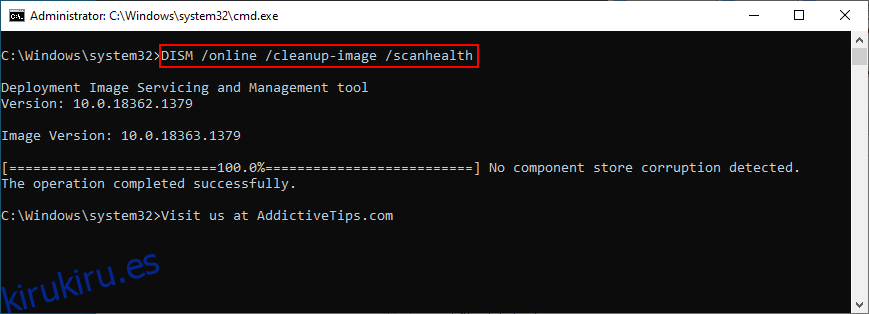 Windows 10 muestra cómo ejecutar DISM / online / cleanup-image / scanhealth en CMD