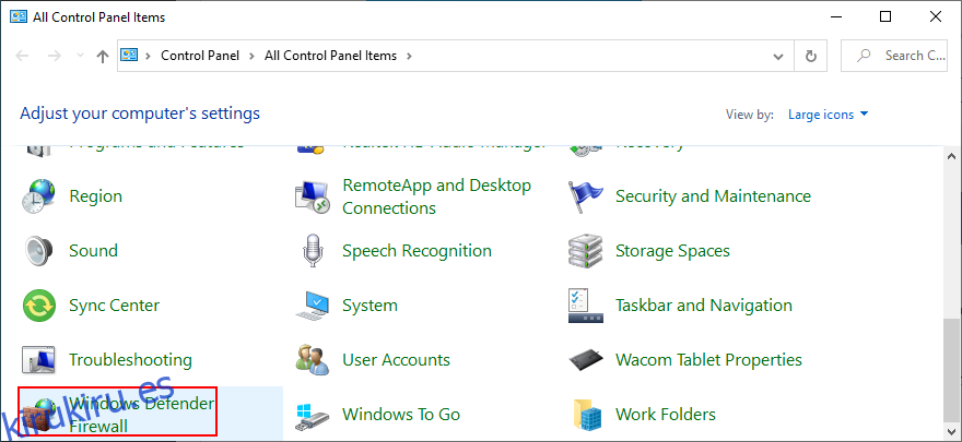 El Panel de control muestra el Firewall de Windows Defender