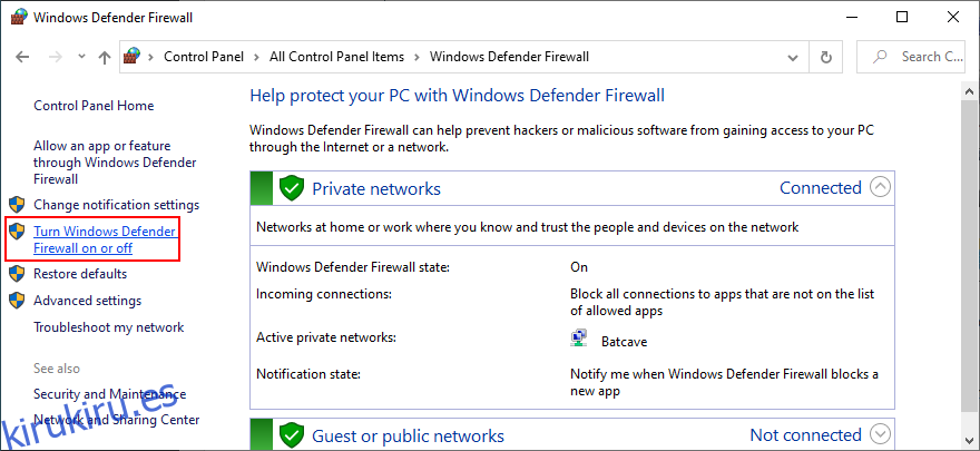 El Panel de control muestra cómo activar o desactivar el Firewall de Windows Defender