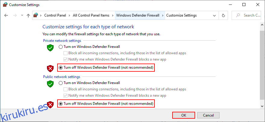 El Panel de control muestra cómo desactivar el Firewall de Windows Defender