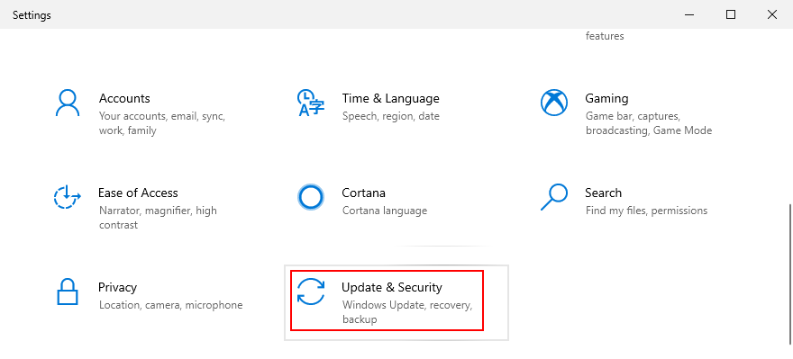 Windows 10 muestra cómo acceder a la configuración de actualización y seguridad