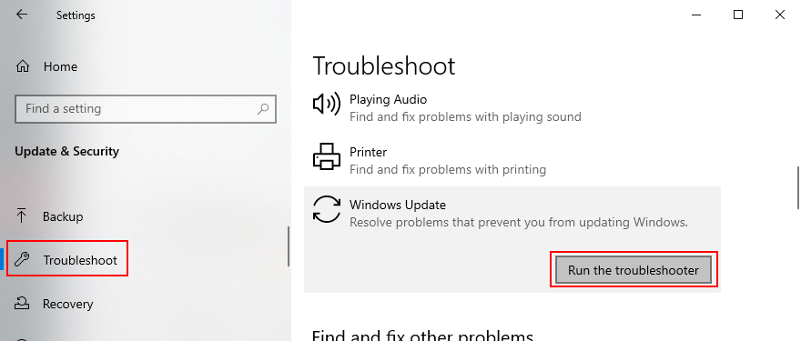 Windows 10 muestra cómo ejecutar el solucionador de problemas de Windows Update