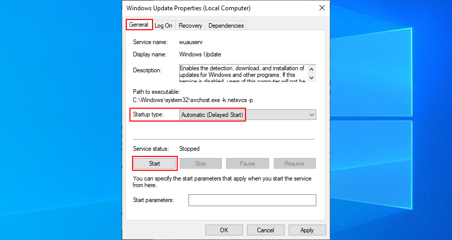 Windows 10 muestra cómo cambiar las propiedades del servicio Windows Update