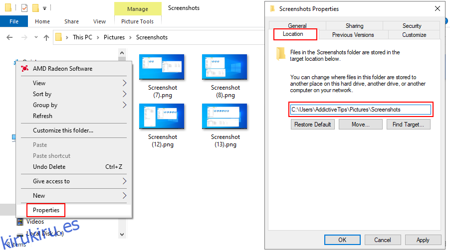 Windows 10 muestra cómo cambiar la ubicación predeterminada para las capturas de pantalla guardadas