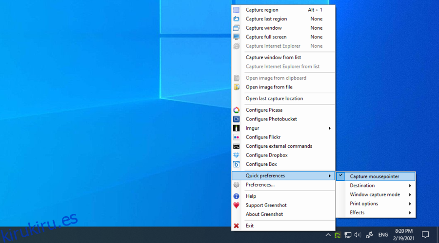 Windows 10 muestra la configuración de Greenshot
