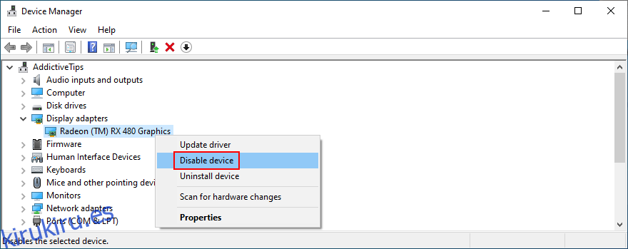 Windows muestra cómo deshabilitar un dispositivo en el Administrador de dispositivos