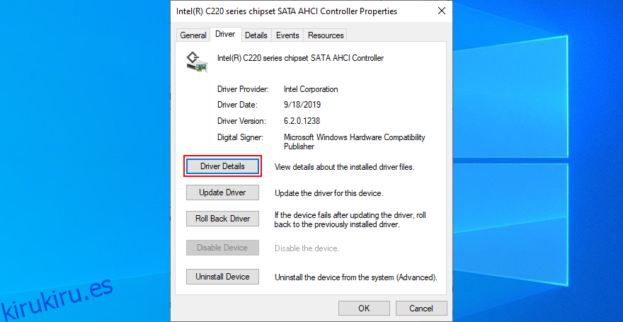 Windows 10 muestra cómo ver los detalles del controlador