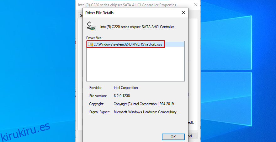 Windows 10 muestra cómo configurar el archivo de controlador iaSorE.sys para el controlador de la controladora SATA AHCI