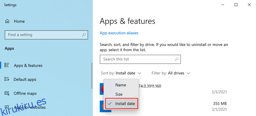 Windows 10 muestra cómo ordenar aplicaciones por fecha de instalación
