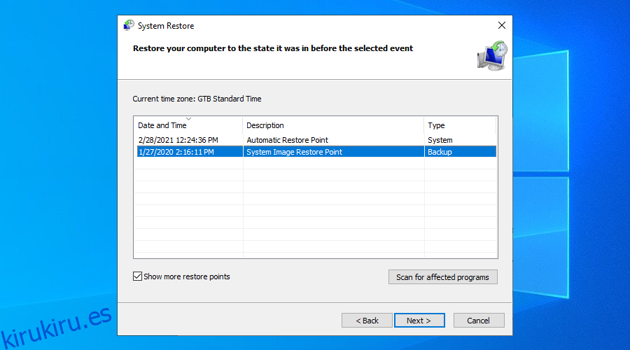 Windows 10 muestra un par de puntos de restauración del sistema