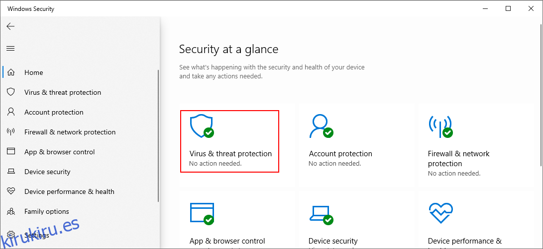 Windows 10 muestra cómo seleccionar Protección contra virus y amenazas