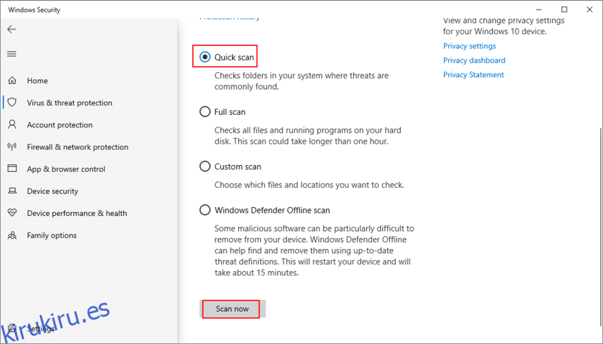 Windows 10 muestra cómo ejecutar un análisis rápido con Windows Defender