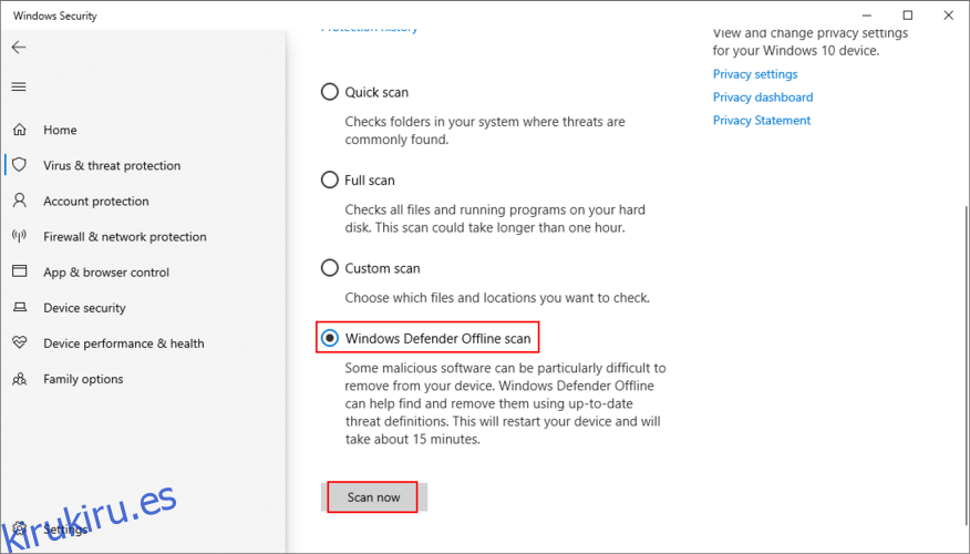 Windows 10 muestra cómo realizar un análisis sin conexión de Windows Defender
