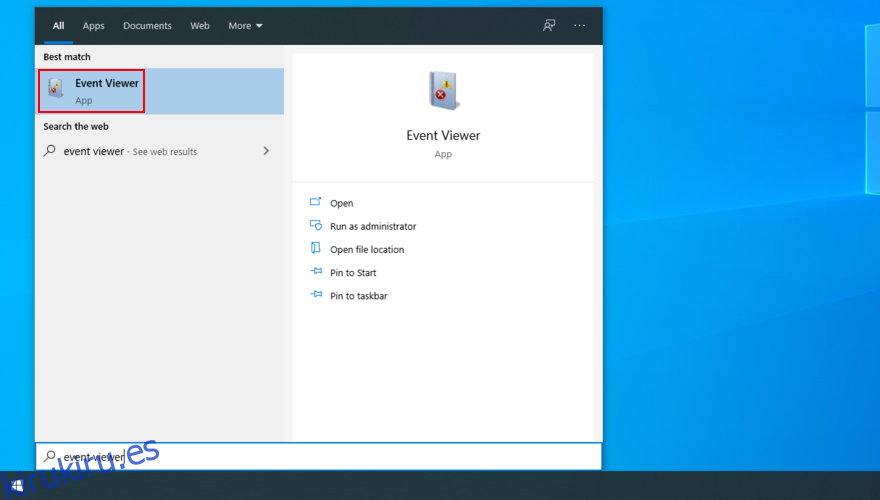 Windows 10 muestra cómo abrir la aplicación Visor de eventos