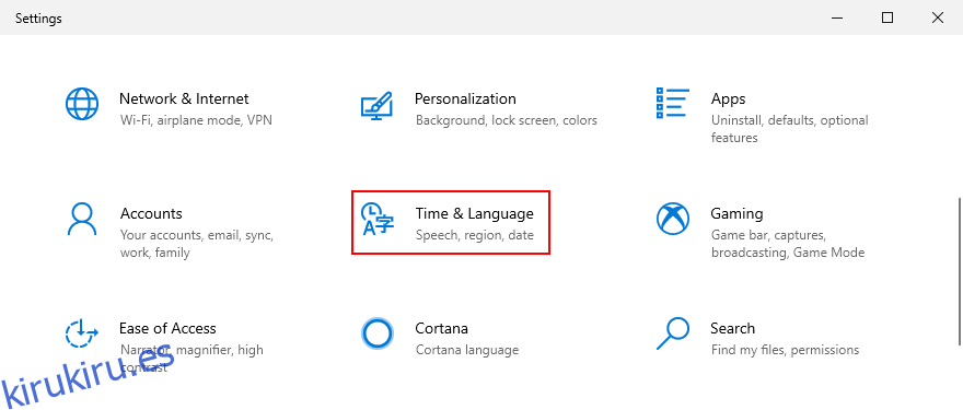 Windows 10 muestra cómo acceder a la configuración de hora e idioma