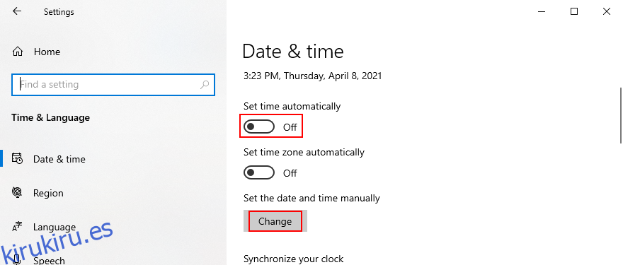 Windows 10 muestra cómo configurar la fecha y la hora manualmente