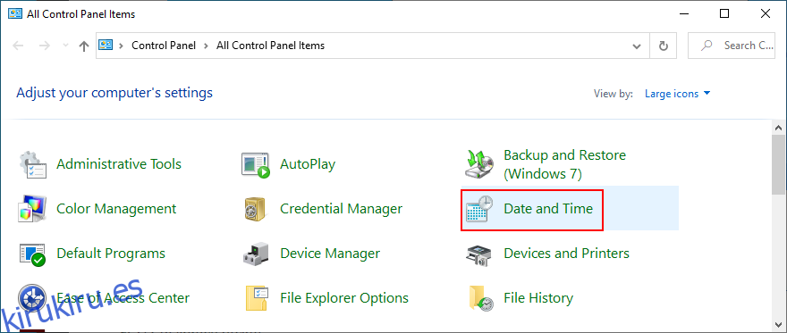 Windows 10 muestra cómo acceder a la configuración de fecha y hora desde el Panel de control